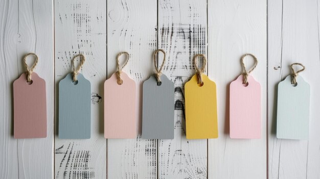 Foto una fila de etiquetas colgadas en una pared de madera perfecta para etiquetar artículos