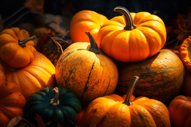 Fila de exhibición otoñal de grandes calabazas naranjas amontonadas en todas las vísperas de las Reliquias en octubre Textura de vegetales coloridos tomada para el Día de Acción de Gracias y las fiestas de Halloween fondo generado AI