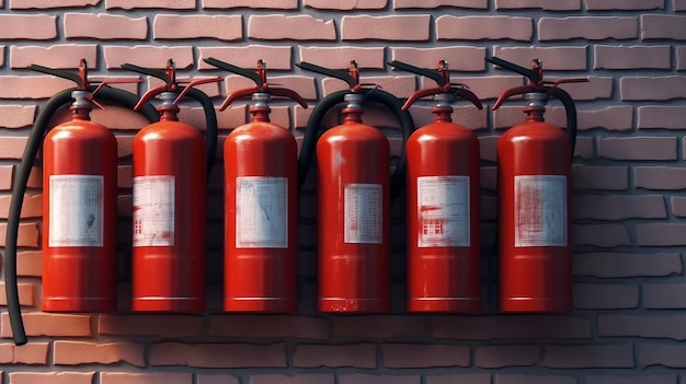 Una fila de extintores de incendios está alineada en una pared de ladrillos.