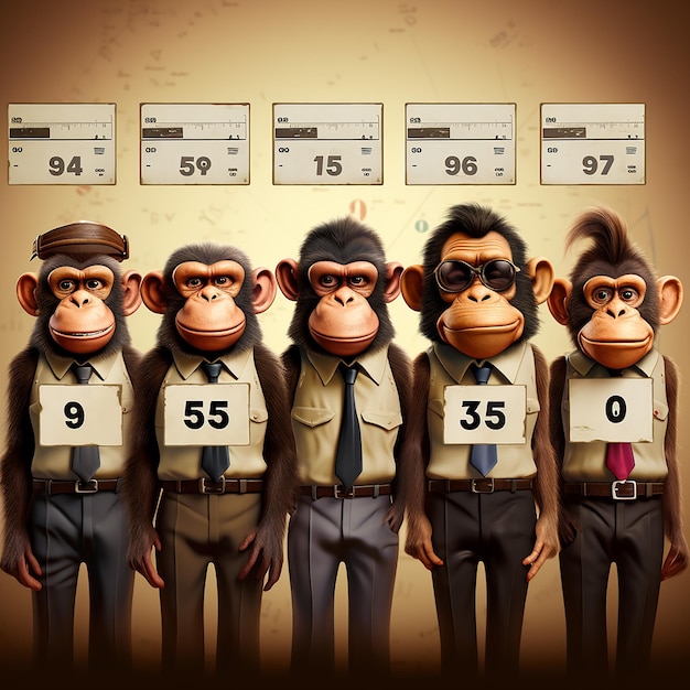 una fila de figuras de monos con números y el número 8 en ellos