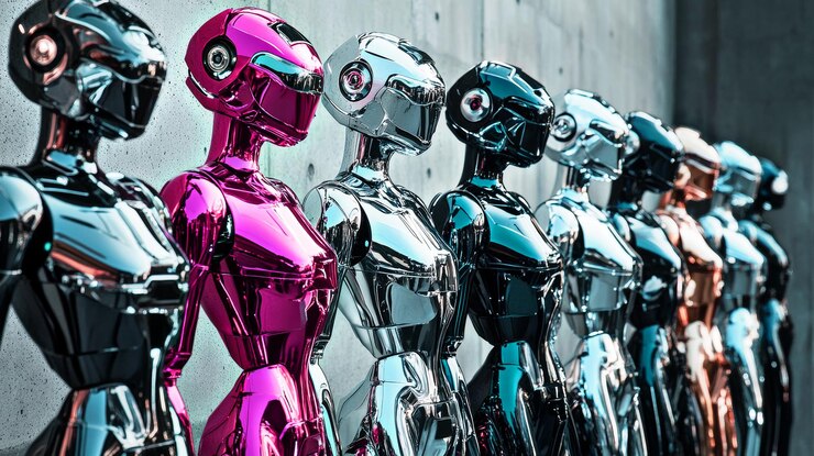 Foto una fila de figuras de robots metálicos brillantes con uno de ellos usando uno rosa y azul
