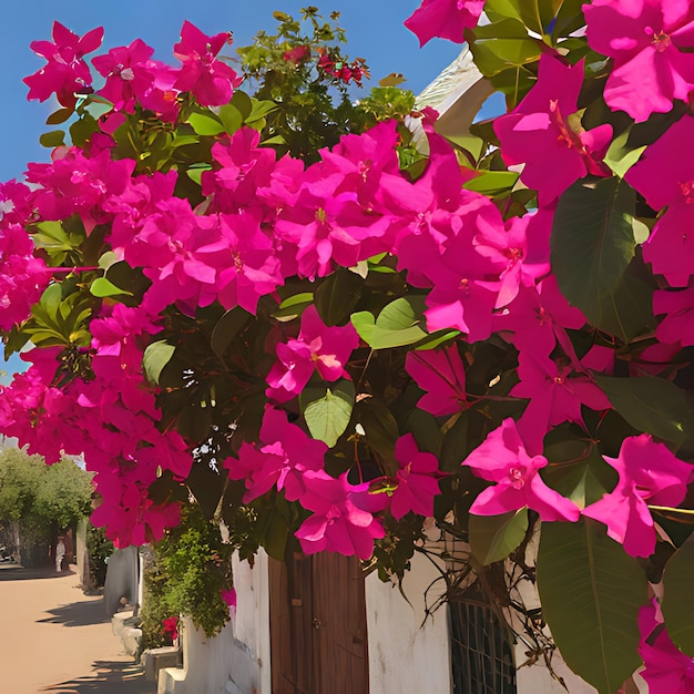 Foto una fila de flores con un cielo azul en el fondo