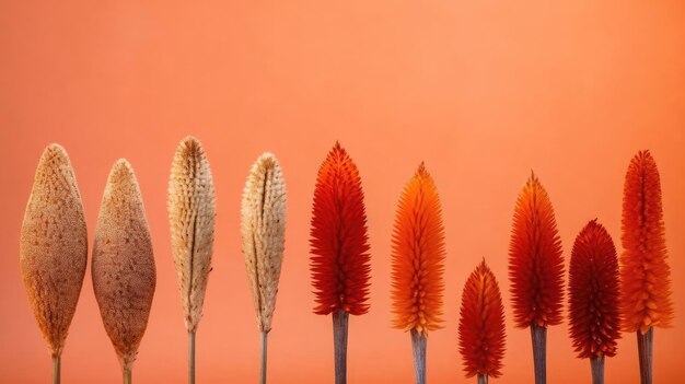 una fila de flores coloridas contra un fondo naranja