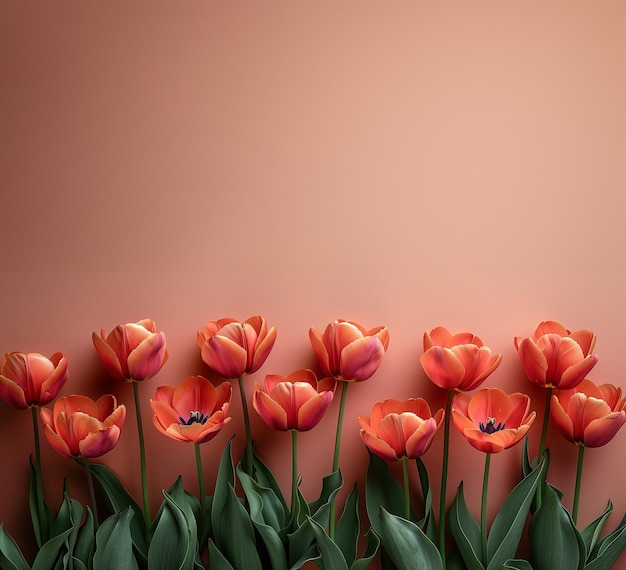 una fila de flores naranjas y rojas con hojas verdes en un jarrón