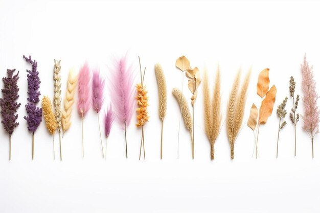 Foto una fila de flores secas en una superficie blanca