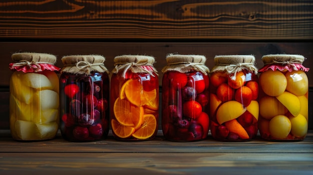 Una fila de frascos de vidrio llenos de una variedad de frutas enlatadas que muestran la colorida variedad de productos conservados