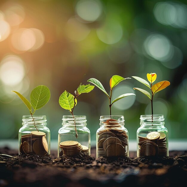 una fila de frascos de vidrio con una planta que crece fuera de ellos