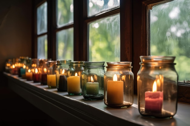 Una fila de frascos de vidrio con velas aromáticas en la ventana.