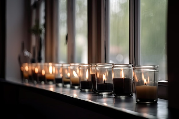 Una fila de frascos de vidrio con velas aromáticas en la ventana.