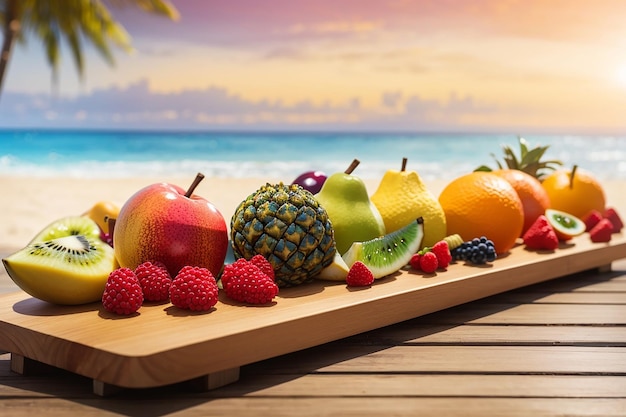 una fila de frutas exóticas vibrantes en el tablero de madera con un fondo de playa de enfoque suave