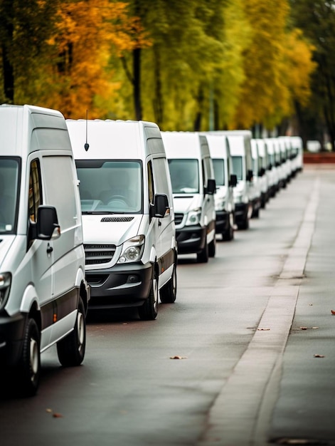 Foto una fila de furgonetas blancas estacionadas en el lado de una carretera