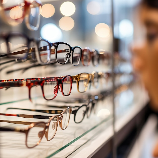 Fila de gafas en una óptica Anteojos en la tienda