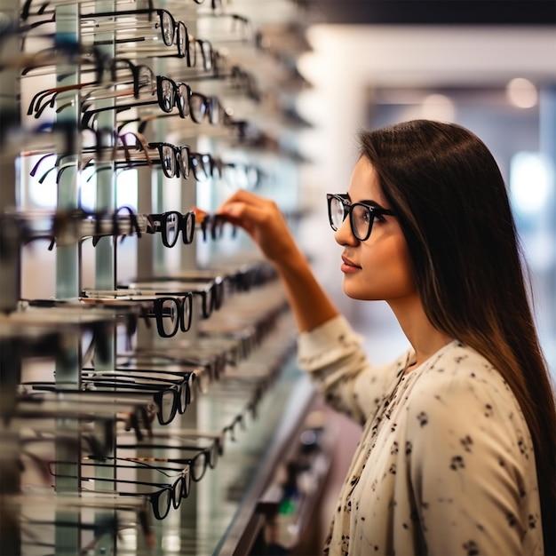 Fila de gafas en una óptica Anteojos en la tienda