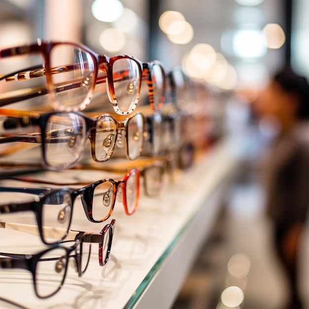 Fila de gafas en una óptica Anteojos en la tienda