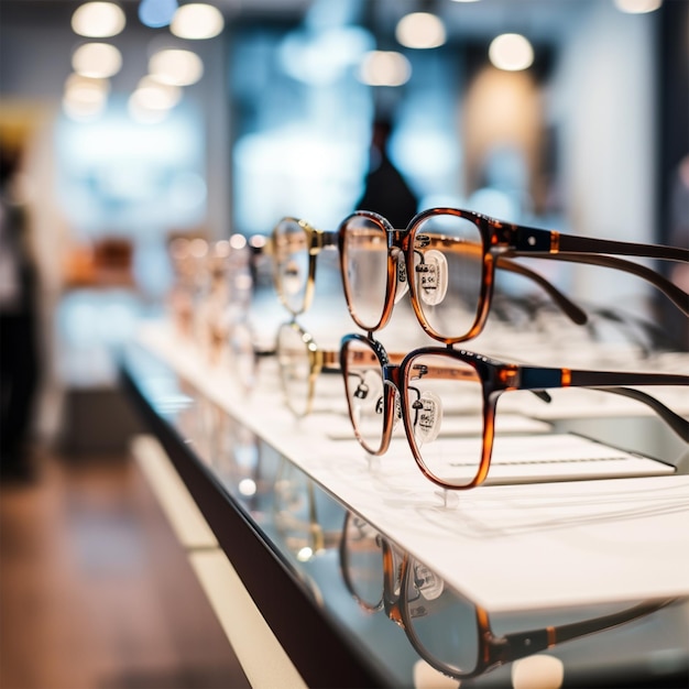 Fila de gafas en una óptica Anteojos en la tienda