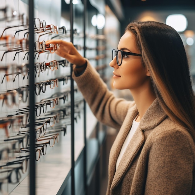 Fila de gafas en una óptica Anteojos en la tienda