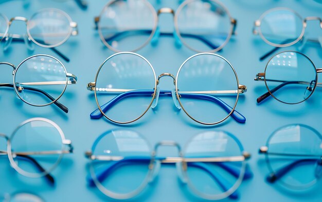 Foto una fila de gafas con la palabra las gafas de la palabra en la parte inferior