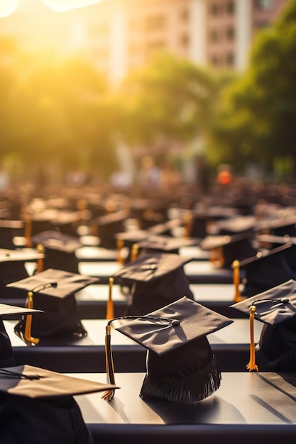 una fila de gorras de graduación con el sol detrás de ellos