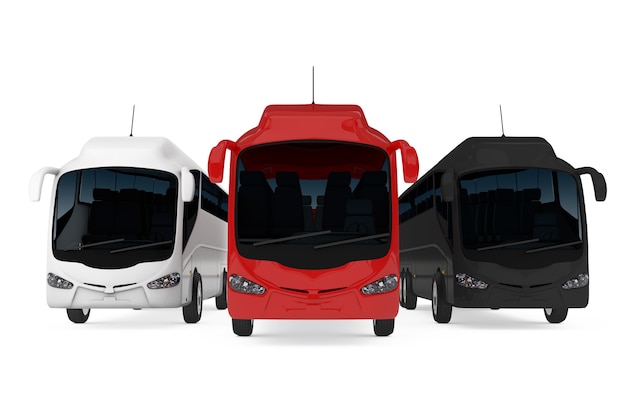 Fila de grandes autobuses turísticos rojos, blancos y negros sobre un fondo blanco. Representación 3D