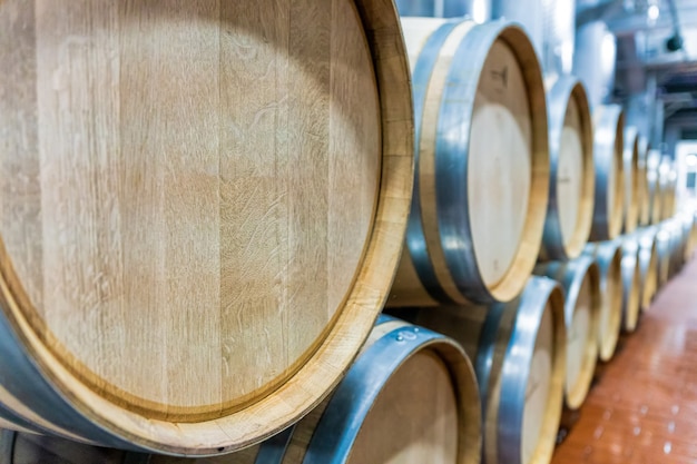 Fila de grandes barriles de vino de roble francés en un almacén de vinos