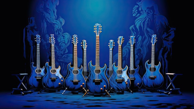 Una fila de guitarras colocadas sobre un fondo azul IA generativa