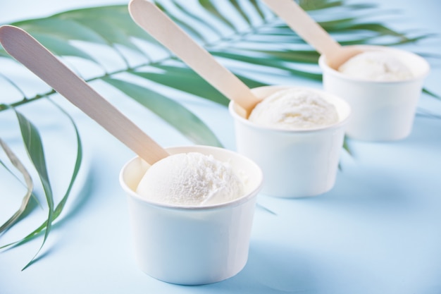 Fila de helado de vainilla y hoja de palma en azul