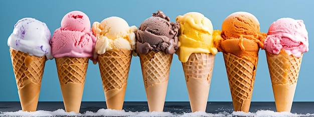 Una fila de helados se alinea en una fila.