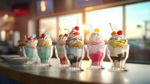 Una fila de helados están en una mesa en un restaurante.