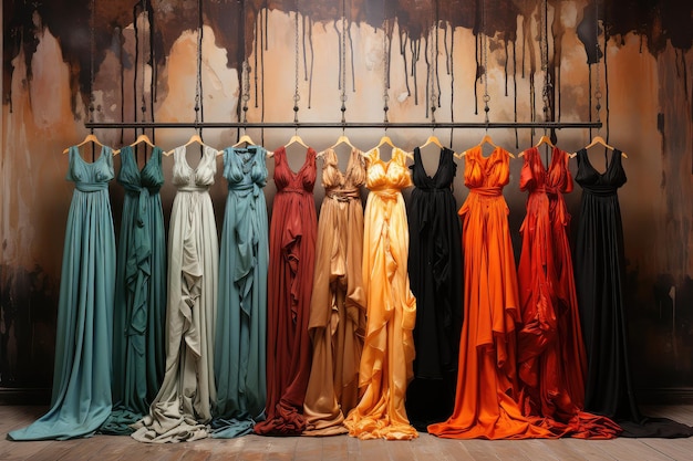 Una fila de hermosos vestidos de lujo de colores en colgadores en una sala de exhibición de primer plano extremo IA generativa