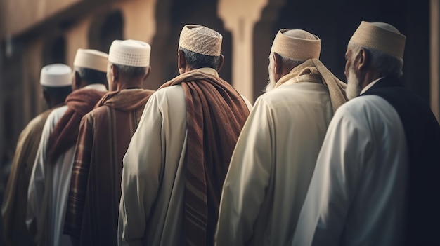 Foto una fila de hombres con sombreros hacen fila en una mezquita