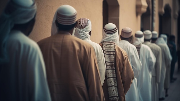 Una fila de hombres con sombreros hacen fila en una mezquita