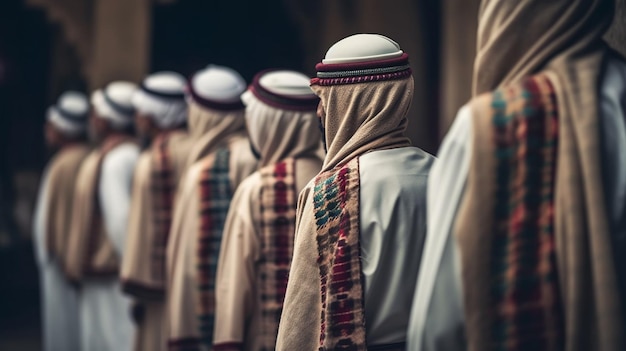 Una fila de hombres vestidos con ropa tradicional hacen fila.