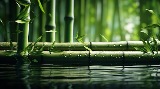 fila horizontal de fuertes tallos de bambú sumergidos en el espacio de fondo de agua IA generativa