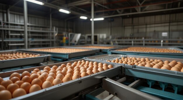 una fila de huevos en un almacén con un hombre en el fondo