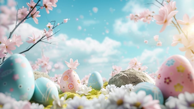 Una fila de huevos de Pascua en el césped con un fondo blanco