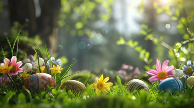 Una fila de huevos de Pascua en el césped con un fondo blanco