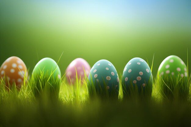 Una fila de huevos de Pascua colocados en hierba verde fresca