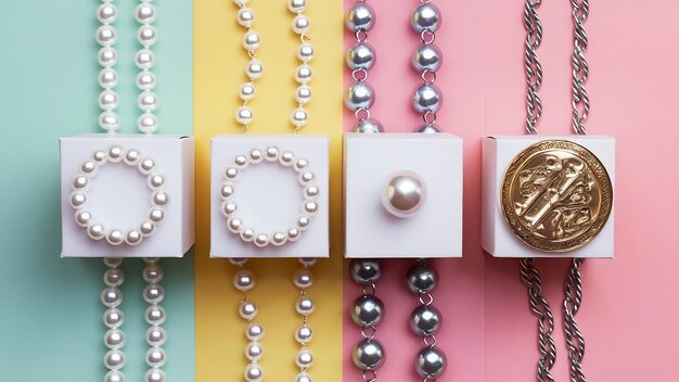 Una fila inclinada de diferentes cajas blancas con collar de perlas en fondo pastel