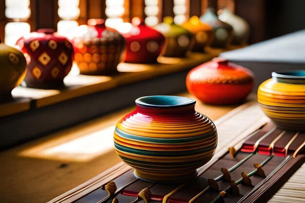 Foto una fila de jarrones coloridos se sientan en una superficie de madera.