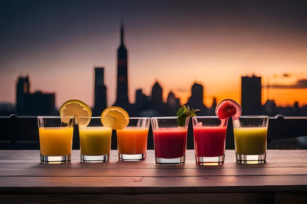 una fila de jugos con un horizonte de la ciudad en el fondo.