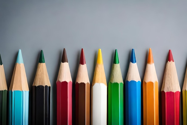 Una fila de lápices de colores se alinea en filas, una de las cuales es de color.