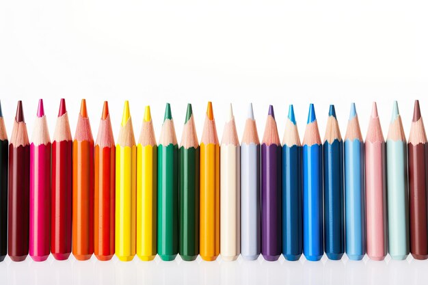 Foto una fila de lápices de colores de madera delante de un fondo blanco