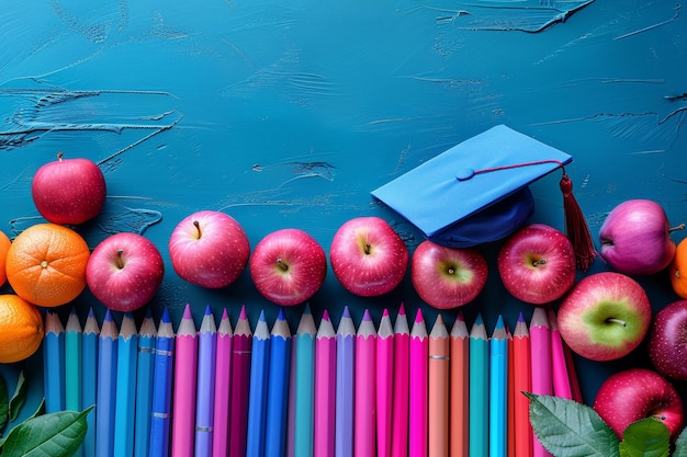 fila de lápices de colores con manzanas y naranjas IA generativa