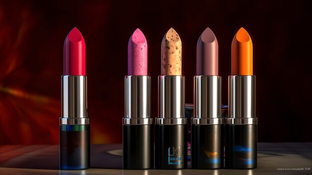 Una fila de lápices labiales con diferentes colores, incluido uno que dice 'lip gloss'