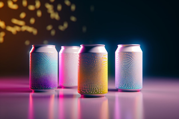 Una fila de latas con diferentes colores de luz sobre ellas.