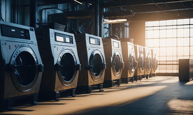 Una fila de lavadoras industriales