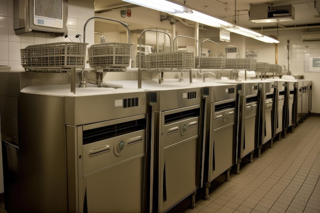 Fila de lavavajillas industriales y estaciones de limpieza, cada una funcionando con sus propios sonidos únicos
