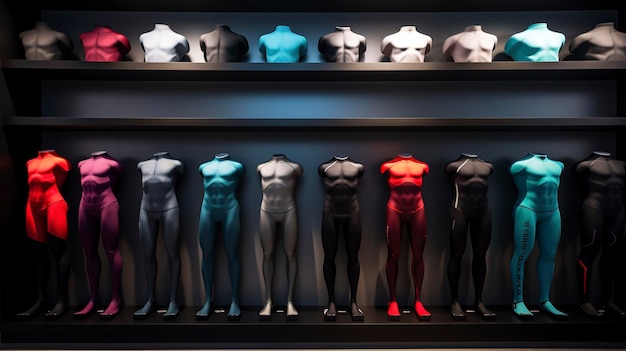 Una fila de leggings deportivos coloridos exhibidos en una tienda minorista con un enfoque en la moda de fitness
