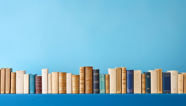 Una fila de libros en un estante con un fondo azul