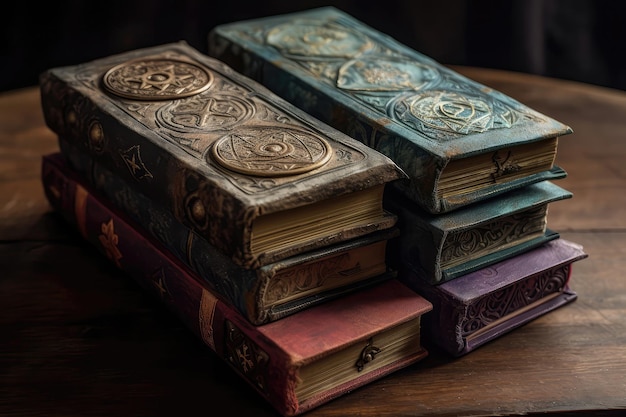 Fila de libros de hechizos con cubiertas desgastadas y símbolos místicos IA generativa